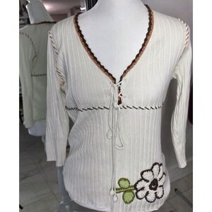 Y2K One Girl Who Boho Ribbed Knit Lace Up Top Crochet Flower Cottagecore